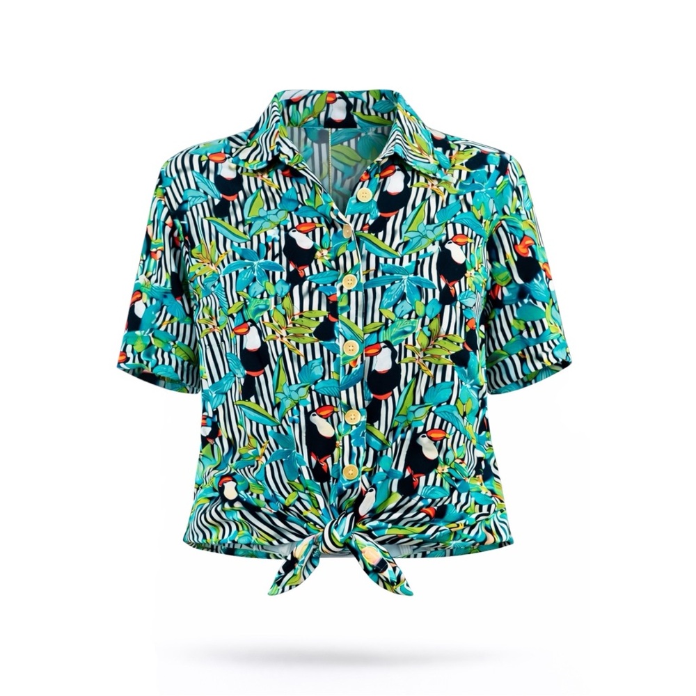 Ruby Rd. Blue Black Vertical Striped Button Toucan Short Sleeve Top Petite Med